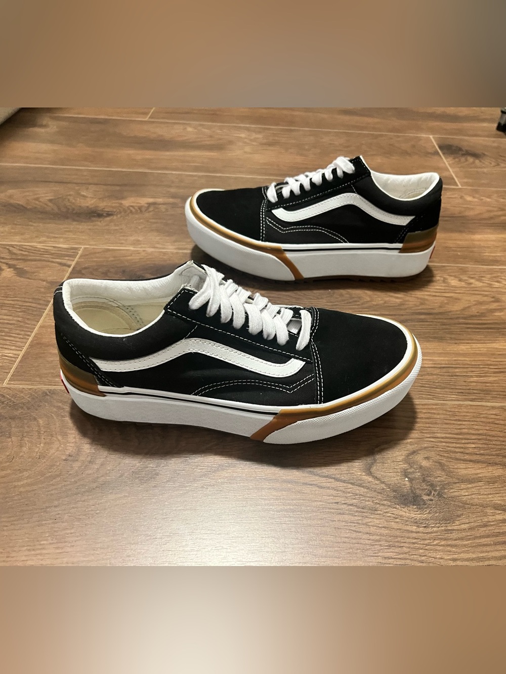 Vans Black and White Low-Top Sneakers with Tan Accent